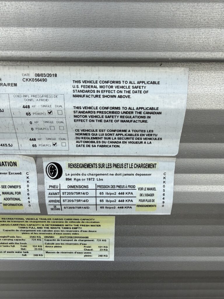 2019 Grey Wolf 26DBH Factory Certification Label